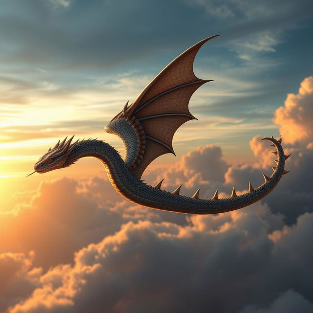 A flying snake with a dragon tail soaring through the sky