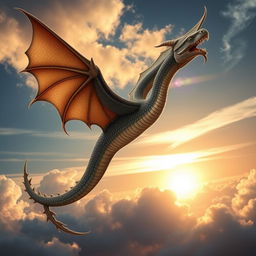 A flying snake with a dragon tail soaring through the sky