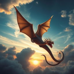 A flying snake with a dragon tail soaring through the sky