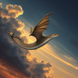 A flying snake with a dragon tail soaring through the sky