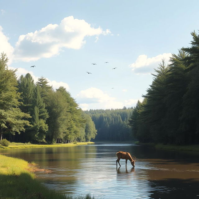 A serene landscape featuring a calm river flowing through a dense forest