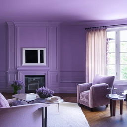 A sophisticated living room bathed in minimalist colors, prominently featuring shades of lavender.