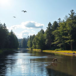 A serene landscape featuring a calm river flowing through a dense forest