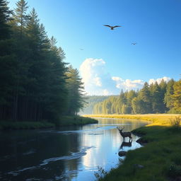 A serene landscape featuring a calm river flowing through a dense forest