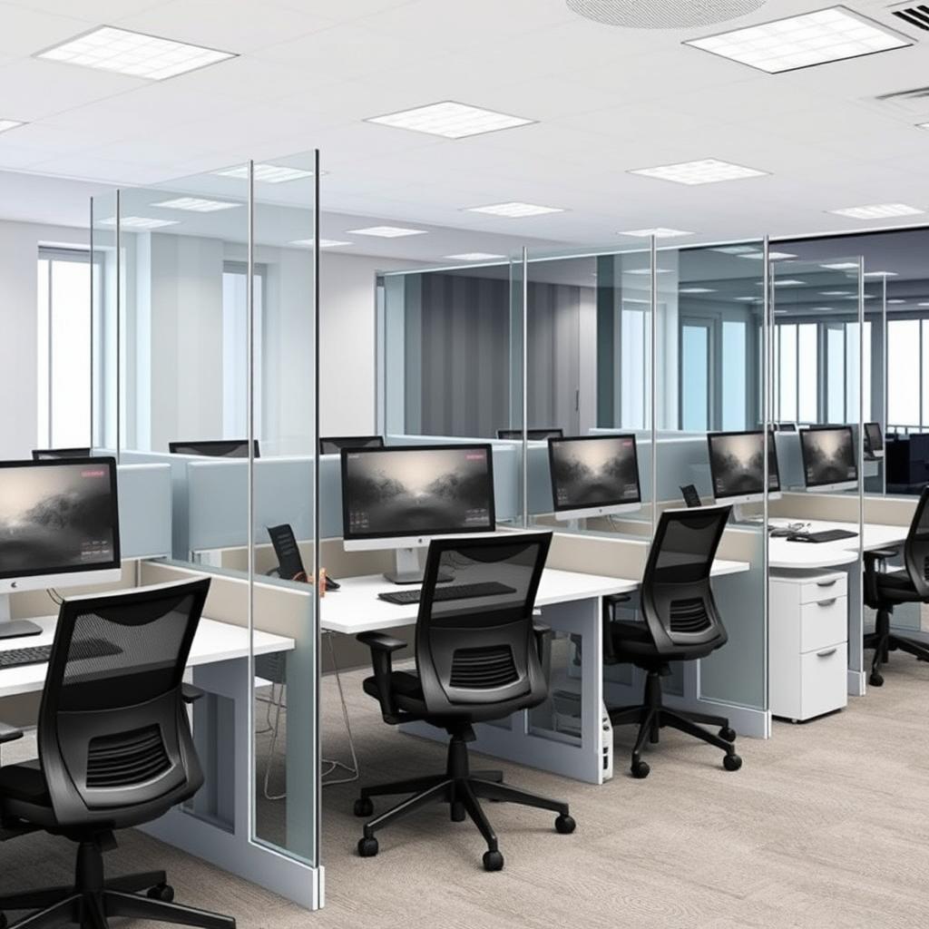 A modern office featuring six workstations, each equipped with a monitor and PC