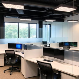 A modern office featuring six workstations, each equipped with a monitor and PC