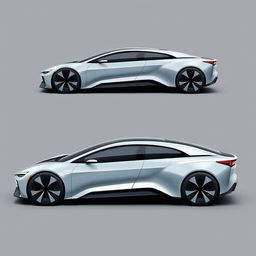 Create an electric car with a focus on unique design elements for the exterior, interior, and sides