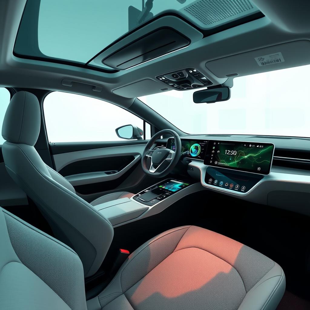 Create a unique and cutting-edge interior for an electric car that surpasses all existing brands