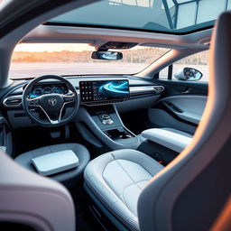 Create a unique and cutting-edge interior for an electric car that surpasses all existing brands