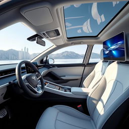 Create a unique and cutting-edge interior for an electric car that surpasses all existing brands