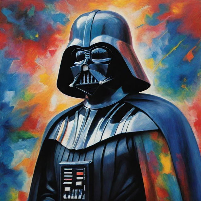 Darth Vader rendered in the abstract, vivid style of the Chagall art tradition, showcasing vibrant dream-like background.