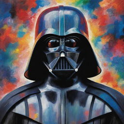 Darth Vader rendered in the abstract, vivid style of the Chagall art tradition, showcasing vibrant dream-like background.