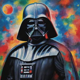 Darth Vader rendered in the abstract, vivid style of the Chagall art tradition, showcasing vibrant dream-like background.