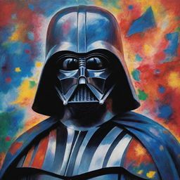 Darth Vader rendered in the abstract, vivid style of the Chagall art tradition, showcasing vibrant dream-like background.