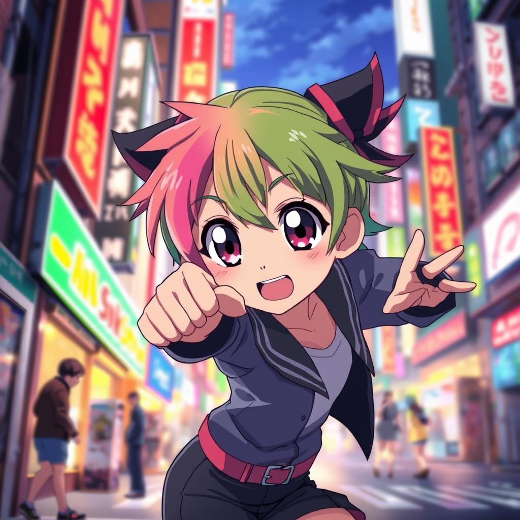 A vibrant and detailed anime-style illustration of a young character in a dynamic pose