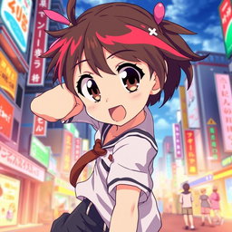 A vibrant and detailed anime-style illustration of a young character in a dynamic pose