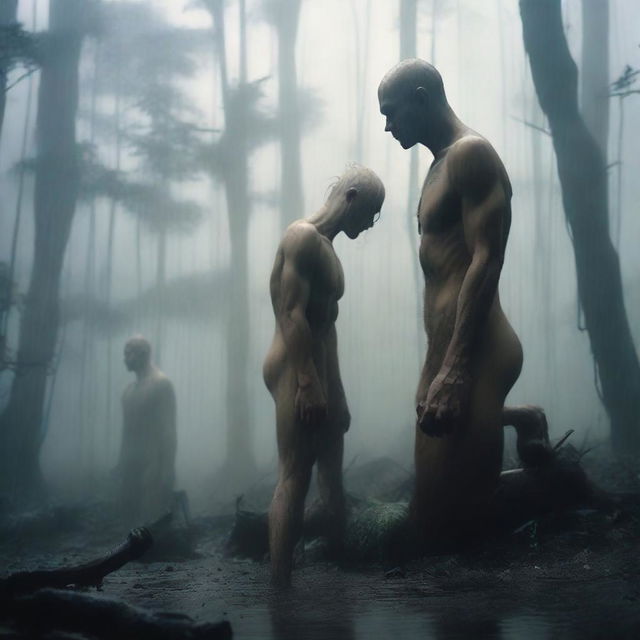 A tall giant with huge swollen low hanging balls, emaciated masculine obliques, and a hairy thin body of a mature man kneels above, hand on neck