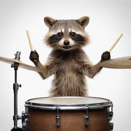 A detailed and lively image of a raccoon enthusiastically playing a drum set, with an expression of concentration and joy on its face.