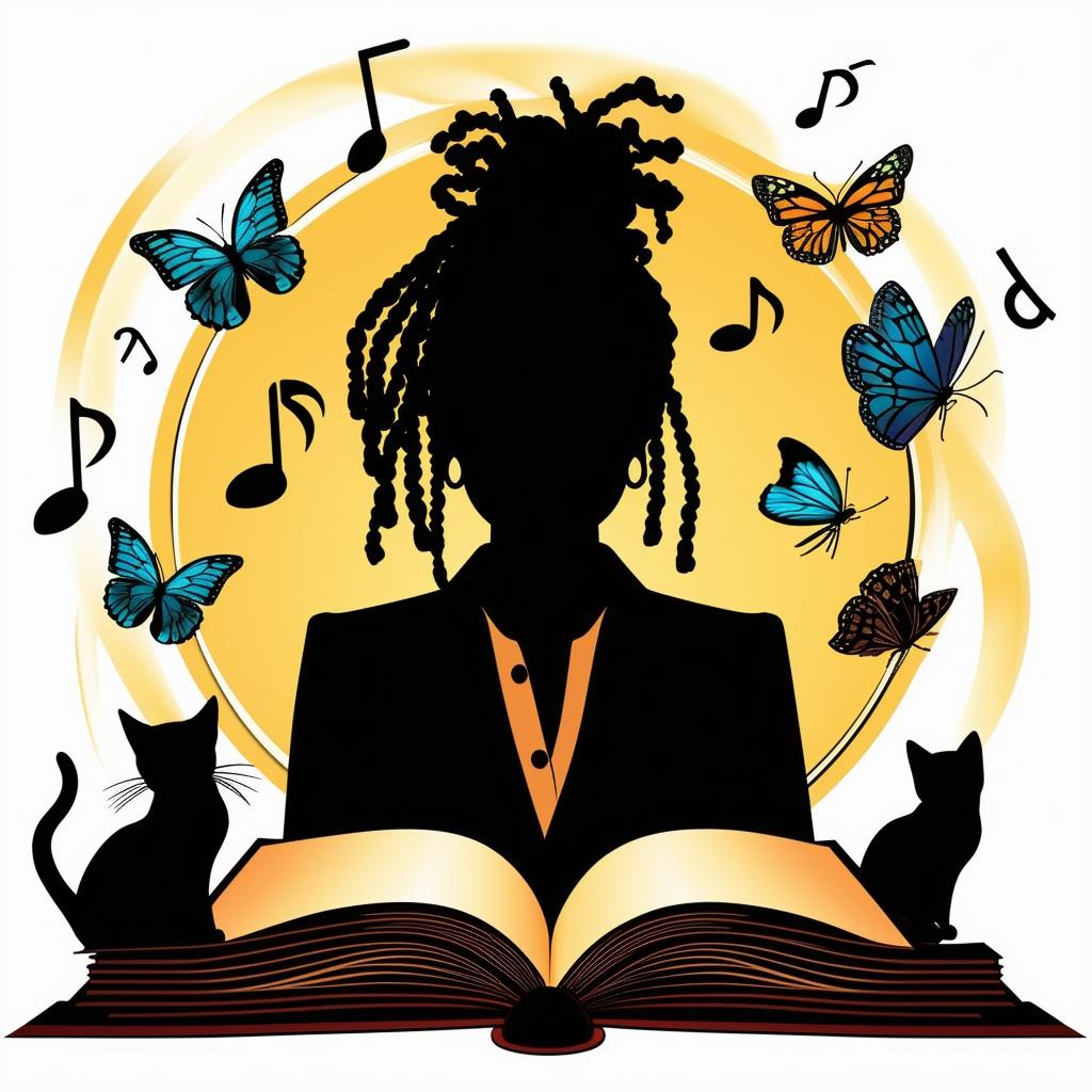 Create a book promotion logo featuring a silhouette of a lady with short dreadlocks in a suit, surrounded by music notes, butterflies, two cats, and a book