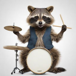 A detailed and lively image of a raccoon enthusiastically playing a drum set, with an expression of concentration and joy on its face.