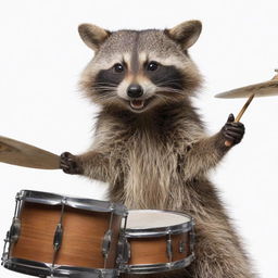 A detailed and lively image of a raccoon enthusiastically playing a drum set, with an expression of concentration and joy on its face.