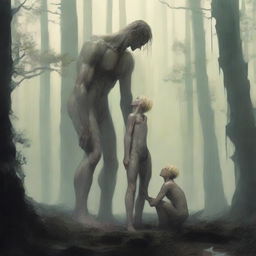 A tall giant with a thin, hairy body and emaciated masculine obliques stands above a small, smooth, blonde young man who is hairless and petite