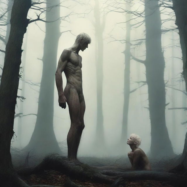 A tall giant with a thin, hairy body and emaciated masculine obliques stands above a small, smooth, blonde young man who is hairless and petite