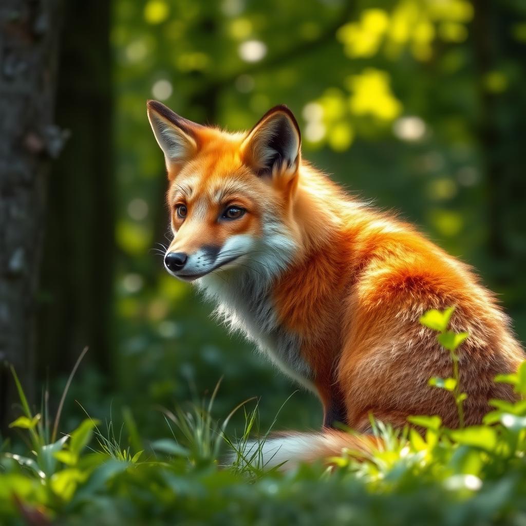 A detailed and realistic image of a fox in a natural forest setting, with lush greenery and sunlight filtering through the trees