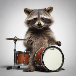 A detailed and lively image of a raccoon enthusiastically playing a drum set, with an expression of concentration and joy on its face.