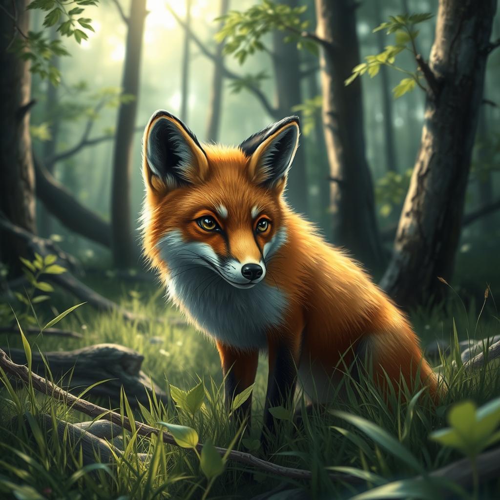 A detailed and realistic image of a fox in a natural forest setting, with lush greenery and sunlight filtering through the trees