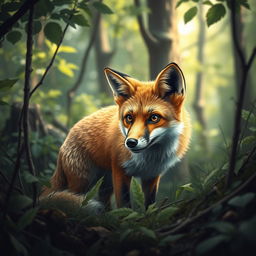 A detailed and realistic image of a fox in a natural forest setting, with lush greenery and sunlight filtering through the trees