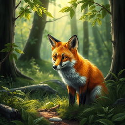 A detailed and realistic image of a fox in a natural forest setting, with lush greenery and sunlight filtering through the trees