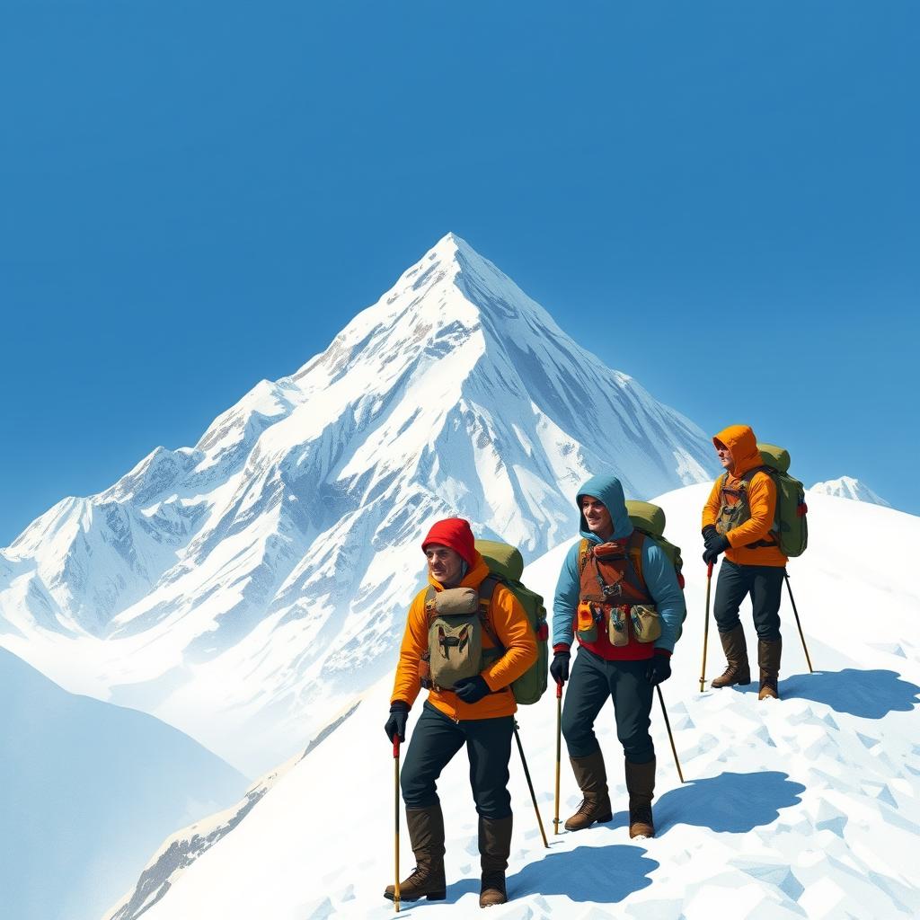 A detailed illustration of the first ascent of Mount Everest