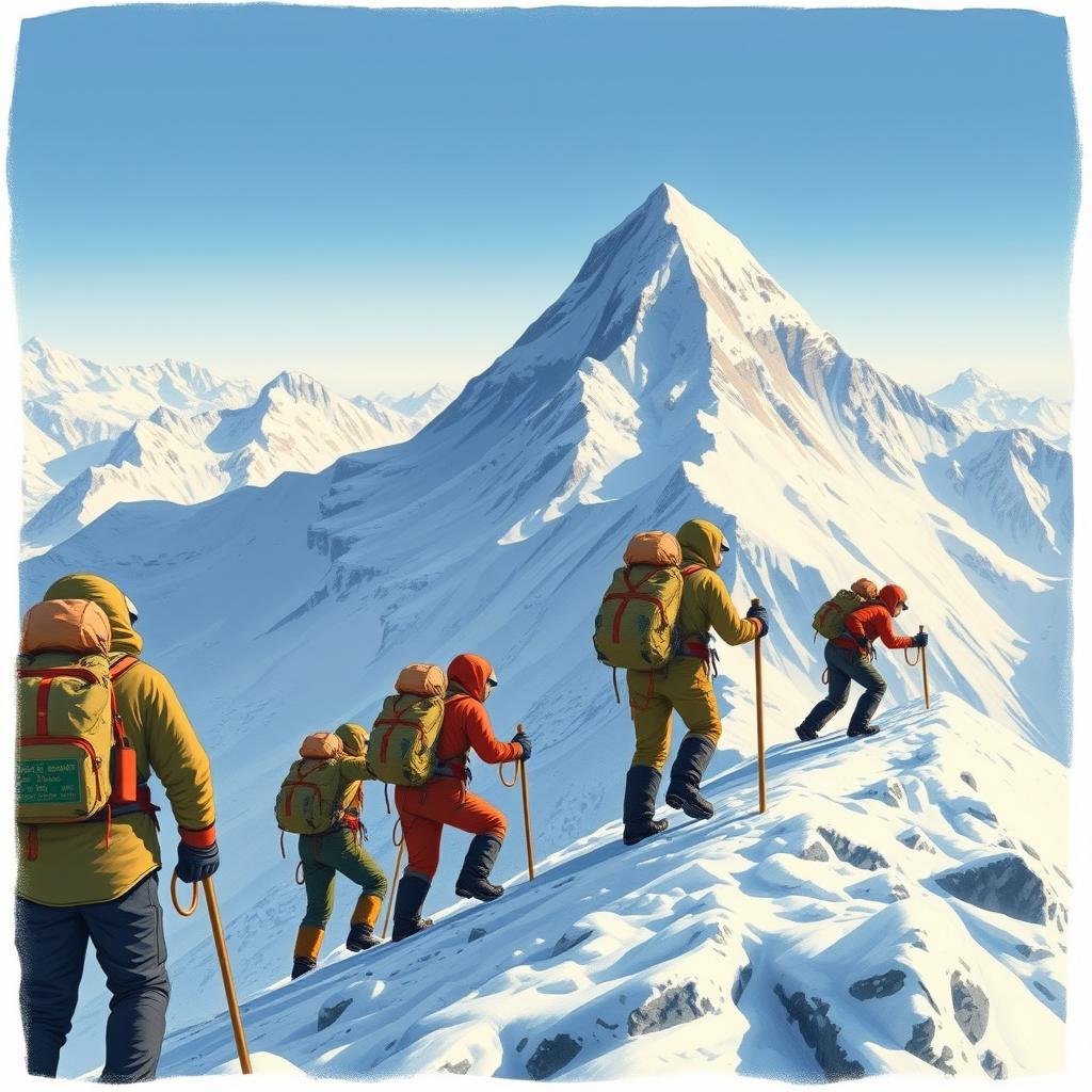 A detailed illustration of the first ascent of Mount Everest