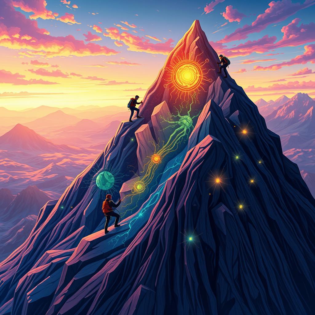 An imaginative illustration depicting climbers scaling a mountain that symbolizes the mind