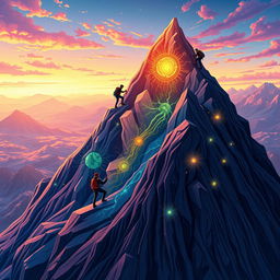 An imaginative illustration depicting climbers scaling a mountain that symbolizes the mind