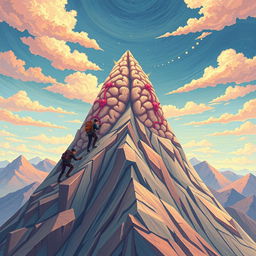 An imaginative illustration depicting climbers scaling a mountain that symbolizes the mind