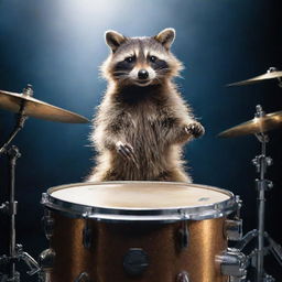 A raccoon energetically playing a full set of gleaming, professional drum kit with a dynamic background.