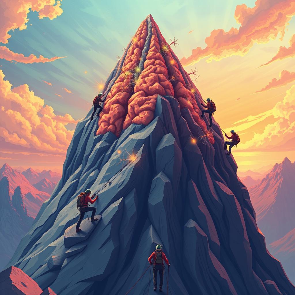 An imaginative illustration depicting climbers scaling a mountain that symbolizes the mind