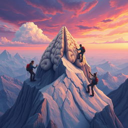 An imaginative illustration depicting climbers scaling a mountain that symbolizes the mind