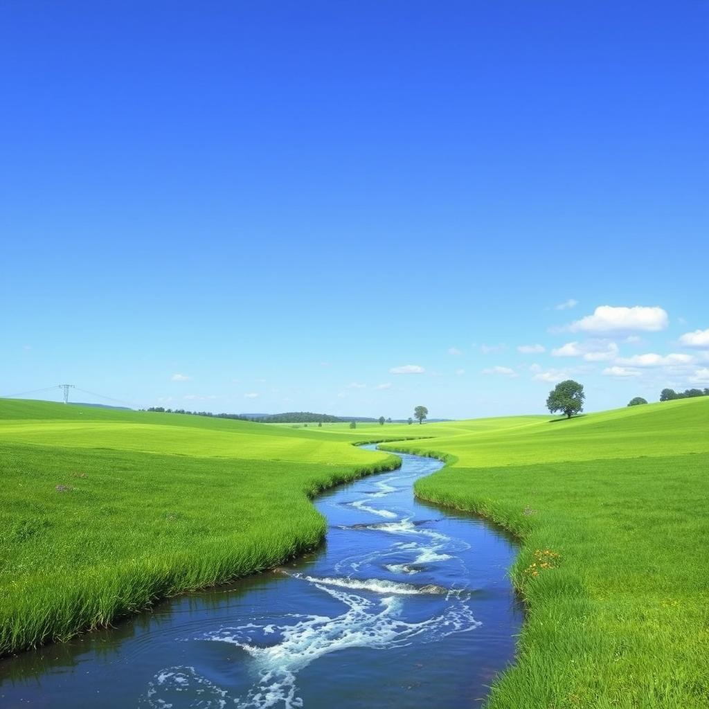 Create a serene landscape with a clear blue sky, lush green fields, and a sparkling river flowing through the middle