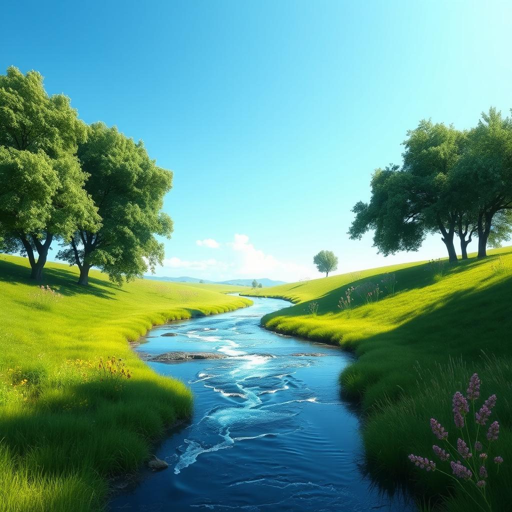 Create a serene landscape with a clear blue sky, lush green fields, and a sparkling river flowing through the middle