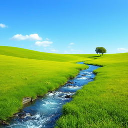 Create a serene landscape with a clear blue sky, lush green fields, and a sparkling river flowing through the middle