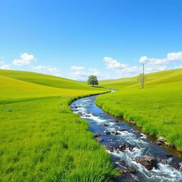 Create a serene landscape with a clear blue sky, lush green fields, and a sparkling river flowing through the middle