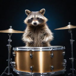 A raccoon energetically playing a full set of gleaming, professional drum kit with a dynamic background.