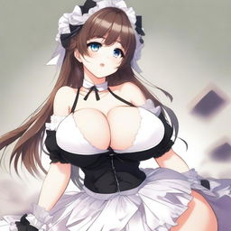 An anime-style illustration of a sexy, flustered, and seductive waifu maid with large breasts