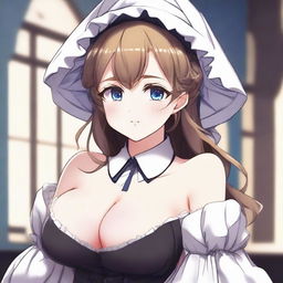 An anime-style illustration of a sexy, flustered, and seductive waifu maid with large breasts