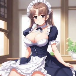 An anime-style illustration of a sexy, flustered, and seductive waifu maid with large breasts