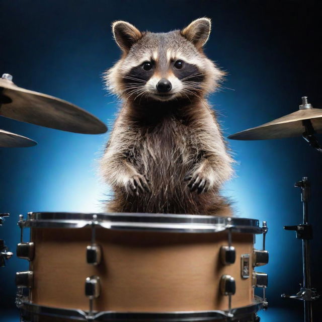 A raccoon energetically playing a full set of gleaming, professional drum kit with a dynamic background.