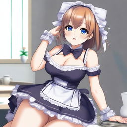 A cute and flustered waifu maid in anime style with a seductive pose, featuring a voluptuous figure with large breasts